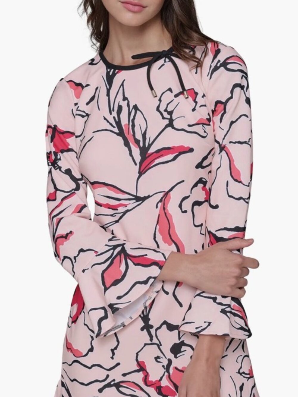 NWT Karl Lagerfeld Paris Floral Scuba Crepe A-Line Pink Bow Neck Dress. Size 10